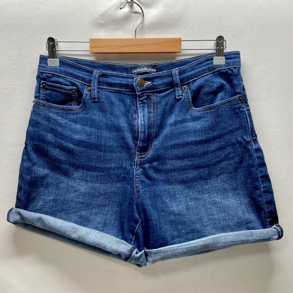 Calvin Klein Denim Shorts Women 8 Dark Blue Jean Stretch Casual Hi Waist Cut Off